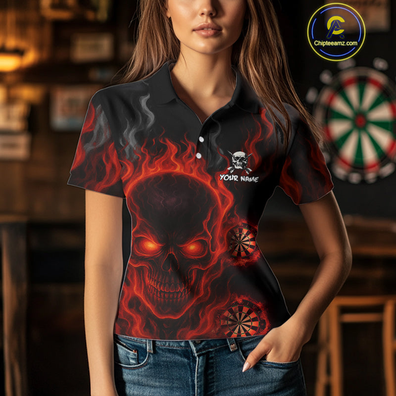 Flaming Skull Darts Shirt For Women Custom Red Darts Jerseys Team Polo & Quarter Zip, Darts Gifts TDM4135