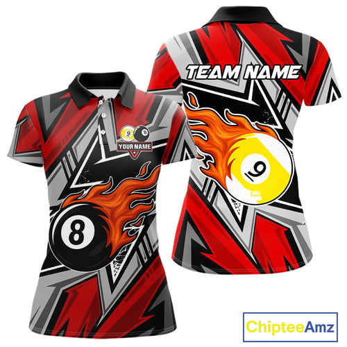Personalized Women's Billiard Shirts, Flame 8&9 Ball Custom Red Zig-Zag Billiard Team Jerseys TDM4137