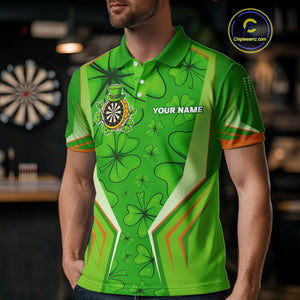 Green Luckiest Shamrock Men's Darts Shirt Custom St Patrick Day Darts Jersey Team Polo & 1/4 Zip TDM4745