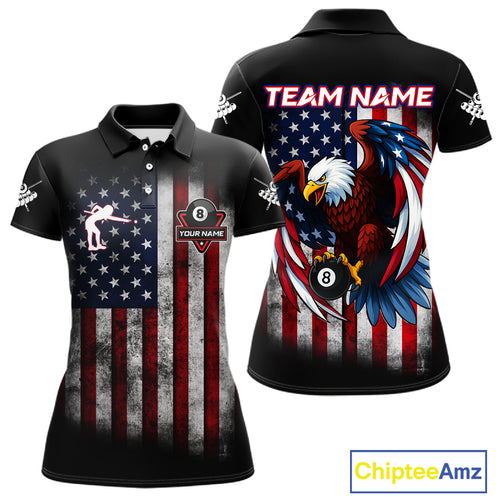 Grunge American Flag Eagle 8 Ball Billiard Polo & 1/4 Zip Custom Women's Patriotic Pool Team Jersey TDM4515