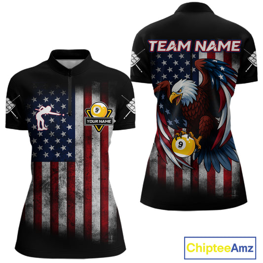 Grunge American Flag Eagle 9 Ball Billiard Polo & 1/4 Zip Custom Women's Patriotic Pool Team Jersey TDM4516