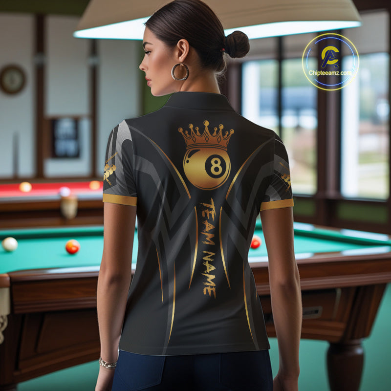 Black And Gold 8 Ball Crown Tribal Billiard Shirt For Women Custom Pool Team Jersey Polo & 1/4 Zip TDM4415