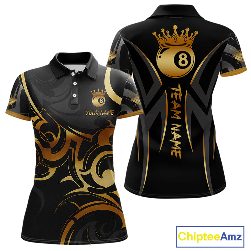 Black And Gold 8 Ball Crown Tribal Billiard Shirt For Women Custom Pool Team Jersey Polo & 1/4 Zip TDM4415