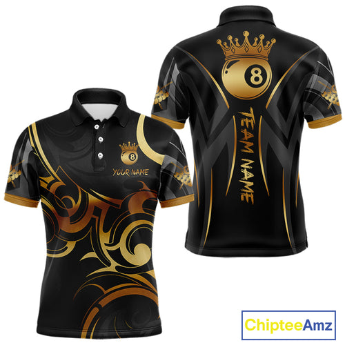 Black And Gold 8 Ball Crown Tribal Billiard Shirt For Men Custom Pool Team Jersey Polo & 1/4 Zip TDM4415