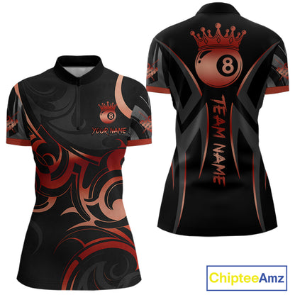 Black And Red 8 Ball Crown Tribal Billiard Shirt For Women Custom Pool Team Jersey Polo & 1/4 Zip TDM4416