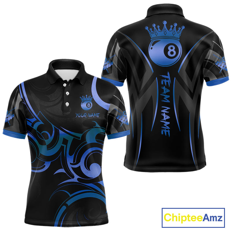 Black And Blue 8 Ball Crown Tribal Billiard Shirt For Men Custom Pool Team Jersey Polo & 1/4 Zip TDM4417