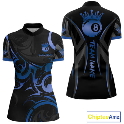 Black And Blue 8 Ball Crown Tribal Billiard Shirt For Women Custom Pool Team Jersey Polo & 1/4 Zip TDM4417