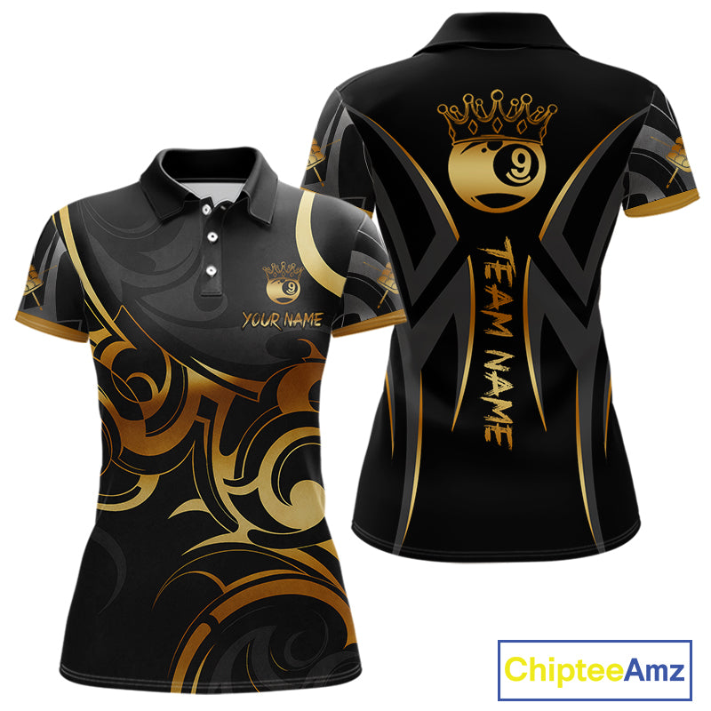Black And Gold 9 Ball Crown Tribal Billiard Shirt For Women Custom Pool Team Jersey Polo & 1/4 Zip TDM4418