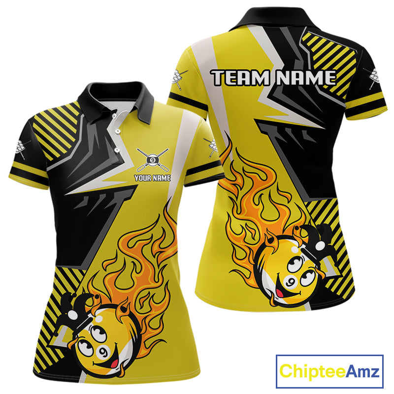 Personalized Yellow Black Funny 9 Ball Flame Billiard Shirt For Women Custom 9 Ball Pool Team Jersey TDM4455