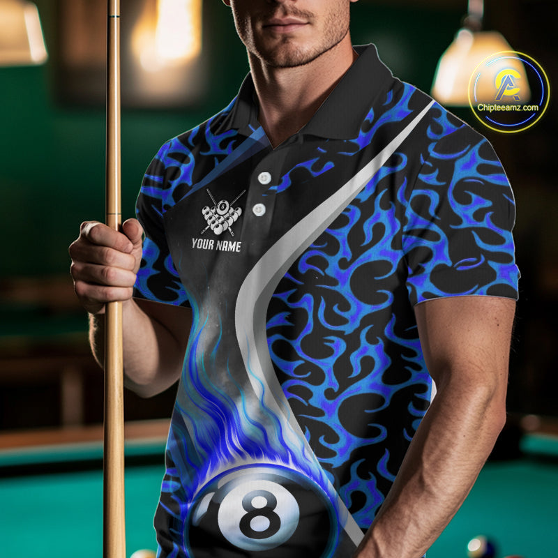 Personalized Flame Blue 8 Ball Pool Billiard Shirt For Men, Billiard Team Jersey Polo & 1/4 Zip TDM4471