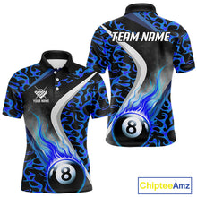Load image into Gallery viewer, Personalized Flame Blue 8 Ball Pool Billiard Shirt For Men, Billiard Team Jersey Polo &amp; 1/4 Zip TDM4471