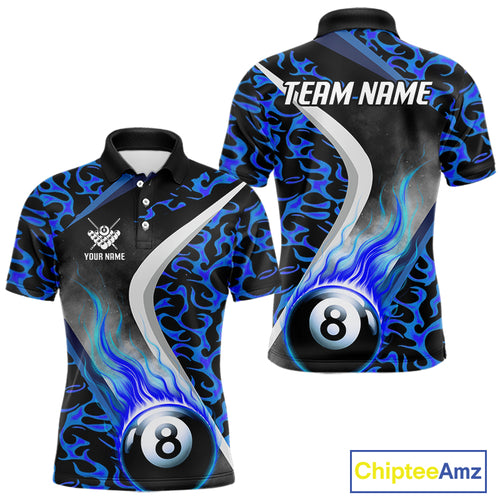Personalized Flame Blue 8 Ball Pool Billiard Shirt For Men, Billiard Team Jersey Polo & 1/4 Zip TDM4471