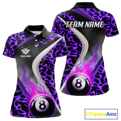 Personalized Flame Purple 8 Ball Pool Billiard Shirt For Women Custom Billiard Team Jerseys TDM4472