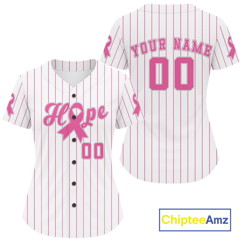 Pink Ribbon Pinstripe Baseball Jersey Custom Breast Cancer Awareness Baseball Shirt For Women NYN0874