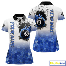 Load image into Gallery viewer, Custom White And Blue Hexagon 8 Ball Flame Billiard Shirt For Women, Funny Pool Team Jersey TDM4552