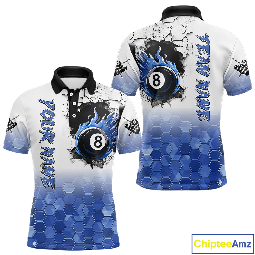 Custom White And Blue Hexagon 8 Ball Flame Billiard Shirt For Men, Funny Pool Team Jersey TDM4552
