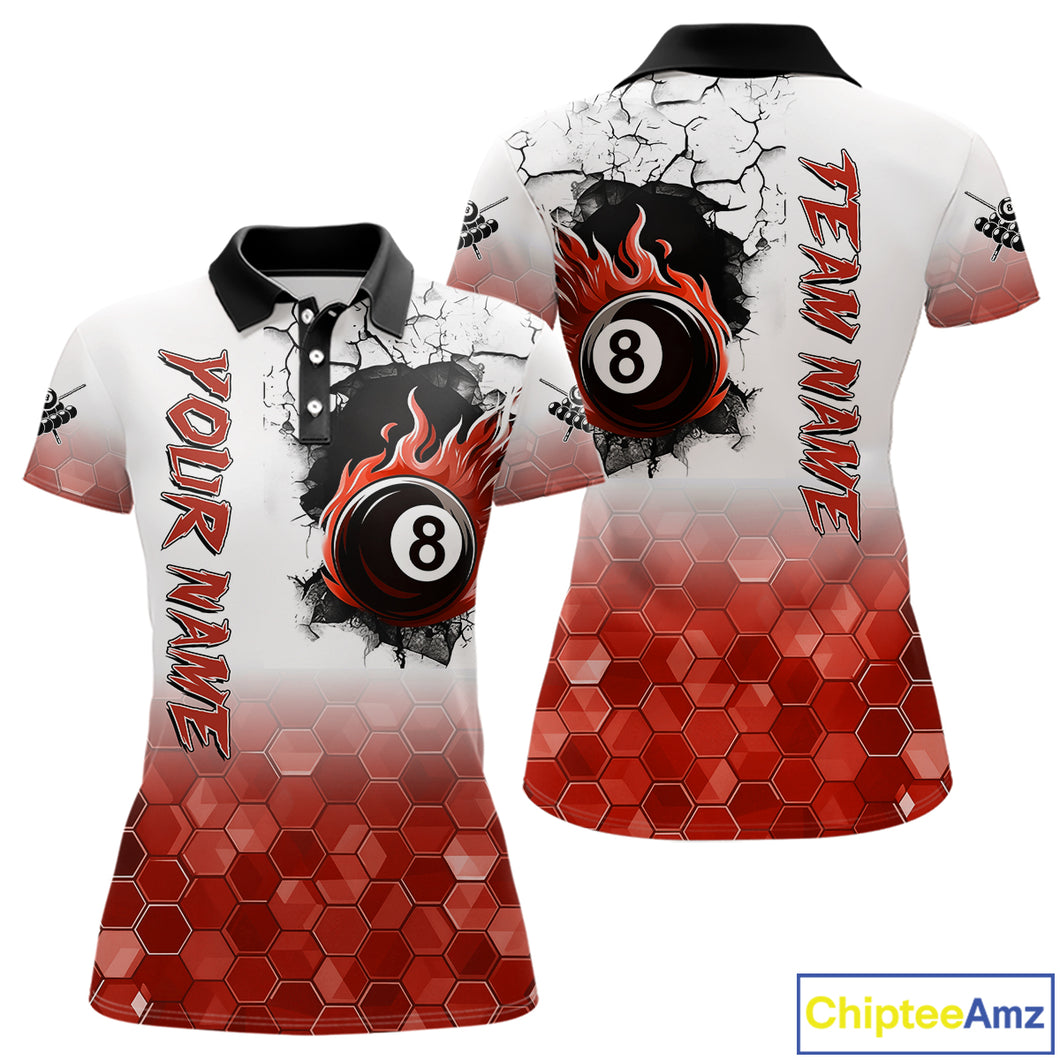 Custom White And Red Hexagon 8 Ball Flame Billiard Shirt For Women, Funny Pool Team Jersey TDM4554