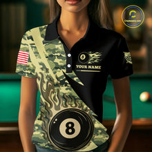 Load image into Gallery viewer, Personalized Flame 8 Ball Pool Military Green Camo Billiard Shirts For Women Custom Pool Team Jersey TDM4187