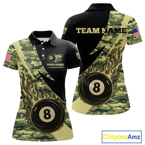 Personalized Flame 8 Ball Pool Military Green Camo Billiard Shirts For Women Custom Pool Team Jersey TDM4187