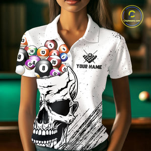 Personalized White Grunge Billiard Balls Skull Pool Shirt For Women, Funny Billiard Team Jersey TDM4578