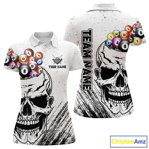 Personalized White Grunge Billiard Balls Skull Pool Shirt For Women, Funny Billiard Team Jersey TDM4578