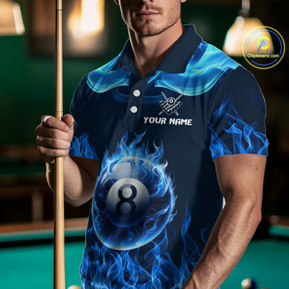 Blue Flaming 8 Ball Pool Billiard Shirts For Men Custom Polo & Quarter Zip Billiard Team Jerseys TDM3999