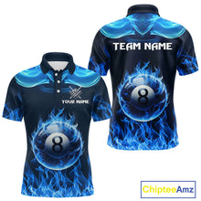 Load image into Gallery viewer, Blue Flaming 8 Ball Pool Billiard Shirts For Men Custom Polo &amp; Quarter Zip Billiard Team Jerseys TDM3999