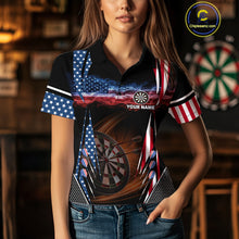 Load image into Gallery viewer, Personalized American Flag Dartboard Fire Flame Darts Shirt For Women, Patriotic Darts League Jersey TDM4796