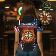 Load image into Gallery viewer, Personalized American Flag Dartboard Fire Flame Darts Shirt For Women, Patriotic Darts League Jersey TDM4796