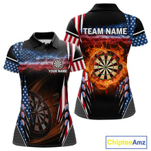 Load image into Gallery viewer, Personalized American Flag Dartboard Fire Flame Darts Shirt For Women, Patriotic Darts League Jersey TDM4796