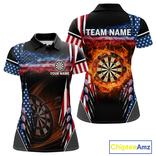 Personalized American Flag Dartboard Fire Flame Darts Shirt For Women, Patriotic Darts League Jersey TDM4796