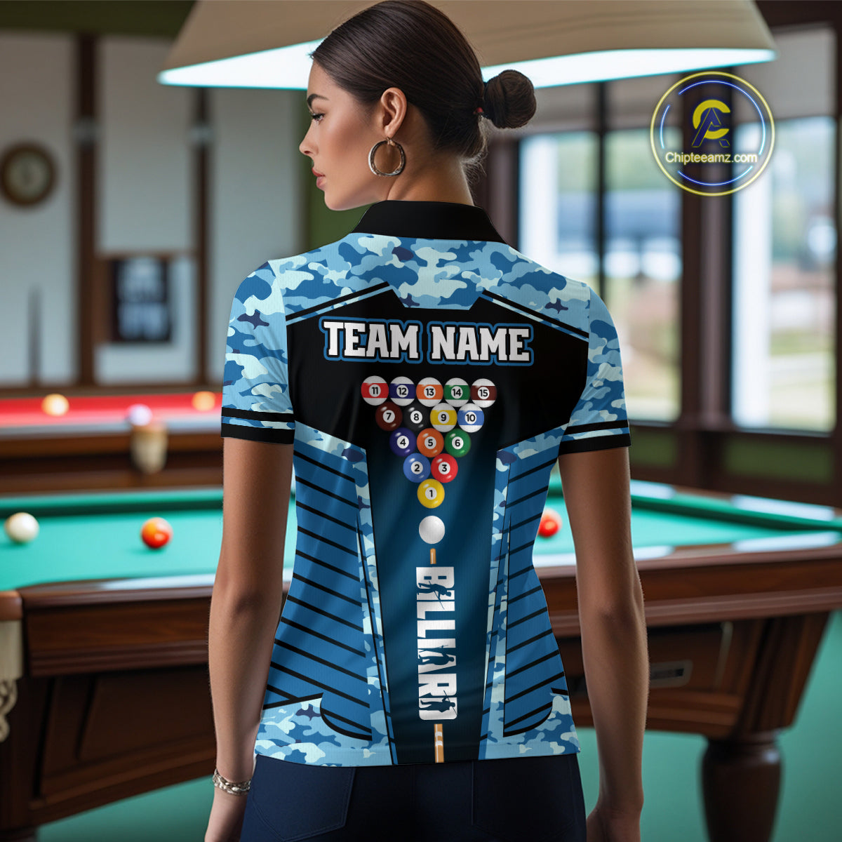 Custom Blue Camouflage 8 Ball Pool Billiard Shirt For Women, Billiard Jersey Outfit, Pool Team Shirt TDM4205