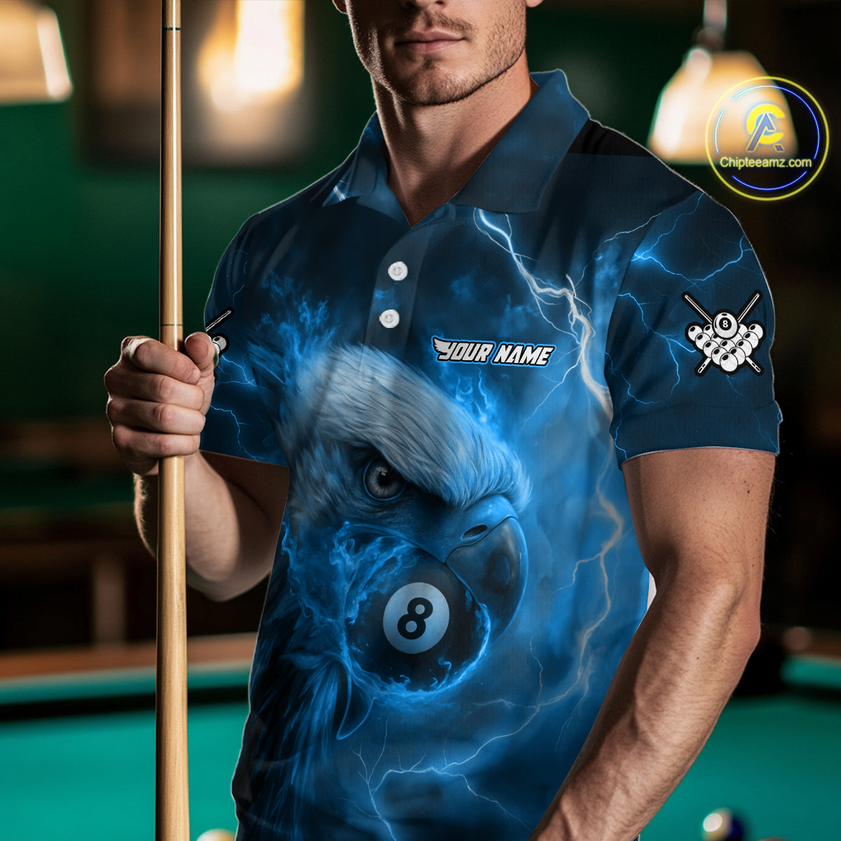 Personalized Eagle Thunder Lightning Blue Billiard Shirt For Men Custom 8 Ball Pool Team Jerseys TDM4381
