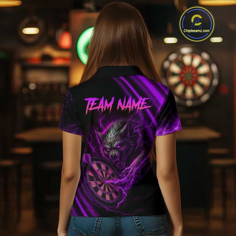 Personalized Purple Thunder Lightning Wolf Darts Shirt For Women, Darts Team Jersey Polo & 1/4 Zip TDM4384