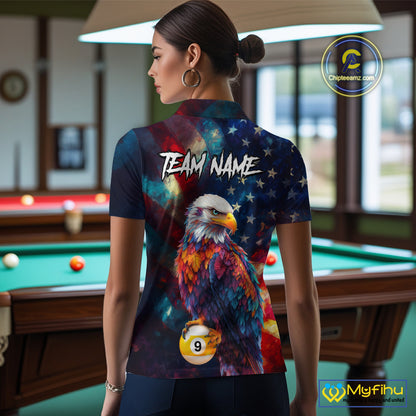 Custom Colorful Eagle 8 Ball & 9 Ball Billiard Shirt For Women, Patriotic US Flag Pool Team Jersey TDM4238