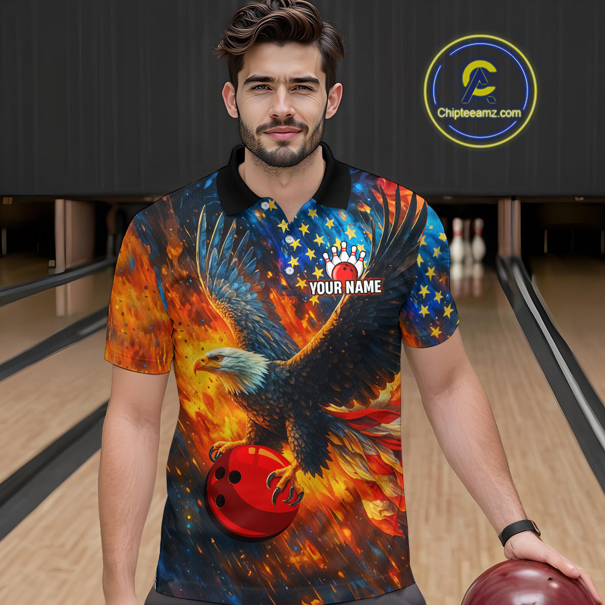 Personalized Orange Flaming American Flag Bowling Shirt For Men Custom Eagle Bowling Team Jersey TDM4642