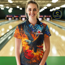Load image into Gallery viewer, Personalized Orange Flaming American Flag Bowling Shirt For Women Custom Eagle Bowling Team Jersey TDM4642