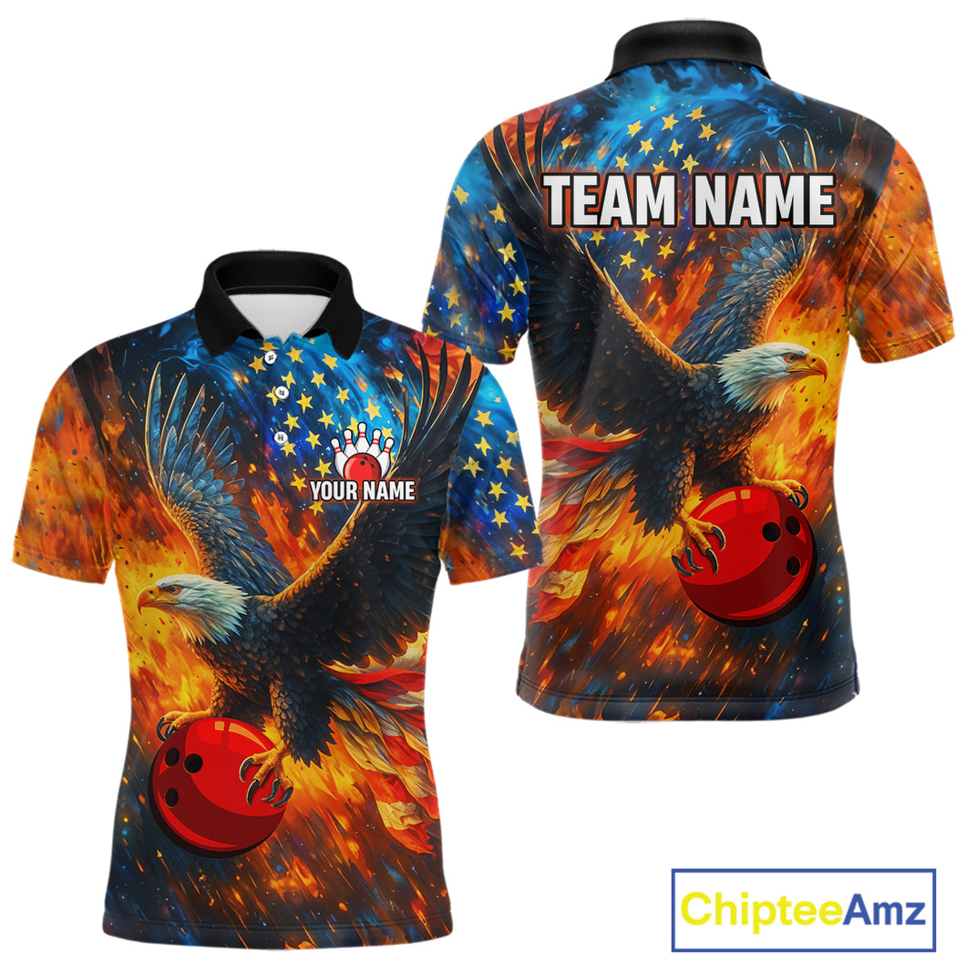 Personalized Orange Flaming American Flag Bowling Shirt For Men Custom Eagle Bowling Team Jersey TDM4642