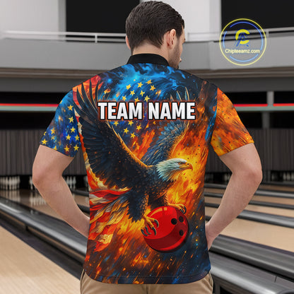 Personalized Orange Flaming American Flag Bowling Shirt For Men Custom Eagle Bowling Team Jersey TDM4642