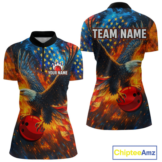 Personalized Orange Flaming American Flag Bowling Shirt For Women Custom Eagle Bowling Team Jersey TDM4642