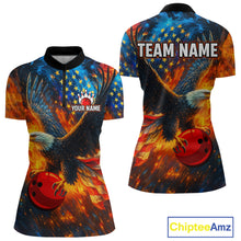Load image into Gallery viewer, Personalized Orange Flaming American Flag Bowling Shirt For Women Custom Eagle Bowling Team Jersey TDM4642