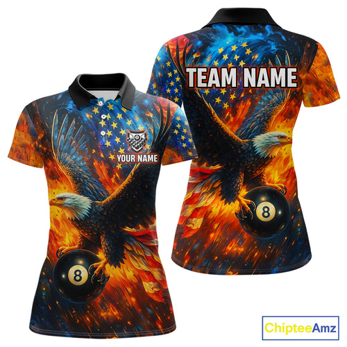 Personalized Flaming American Flag 8 Ball Eagle Billiard Shirt For Women, Patriotic Pool Team Jersey TDM4258