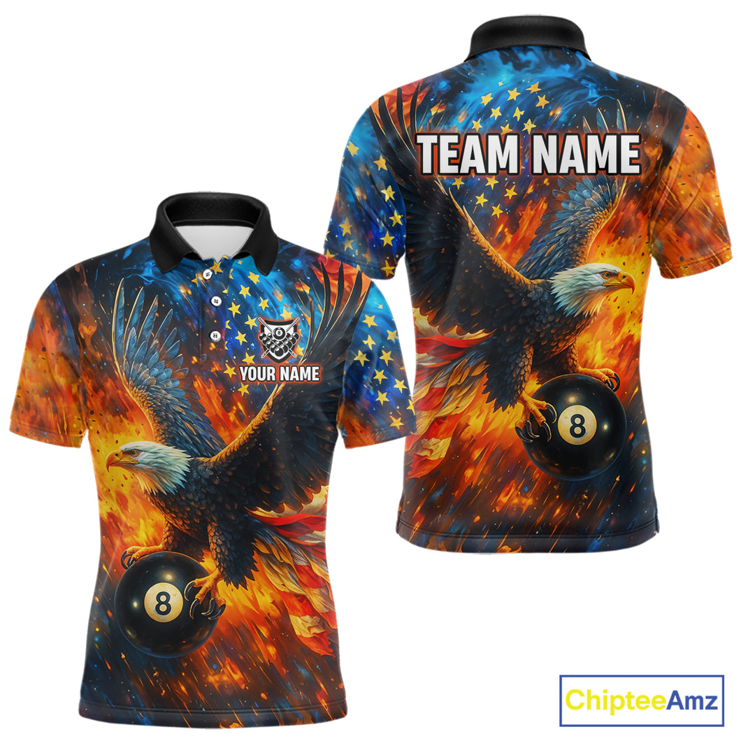 Personalized Flaming American Flag 8 Ball Eagle Billiard Shirt For Men, Patriotic Pool Team Jersey TDM4258