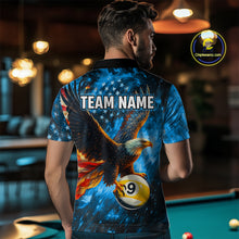 Load image into Gallery viewer, Personalized Blue Flaming US Flag 8 Ball &amp; 9 Ball Eagle Billiard Shirt For Men, Pool Team Jersey TDM4260
