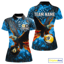 Load image into Gallery viewer, Personalized Blue Flaming US Flag 8 Ball &amp; 9 Ball Eagle Billiard Shirt For Women, Pool Team Jersey TDM4260