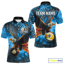 Load image into Gallery viewer, Personalized Blue Flaming US Flag 8 Ball &amp; 9 Ball Eagle Billiard Shirt For Men, Pool Team Jersey TDM4260