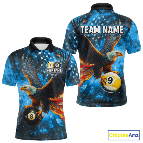 Personalized Blue Flaming US Flag 8 Ball & 9 Ball Eagle Billiard Shirt For Men, Pool Team Jersey TDM4260