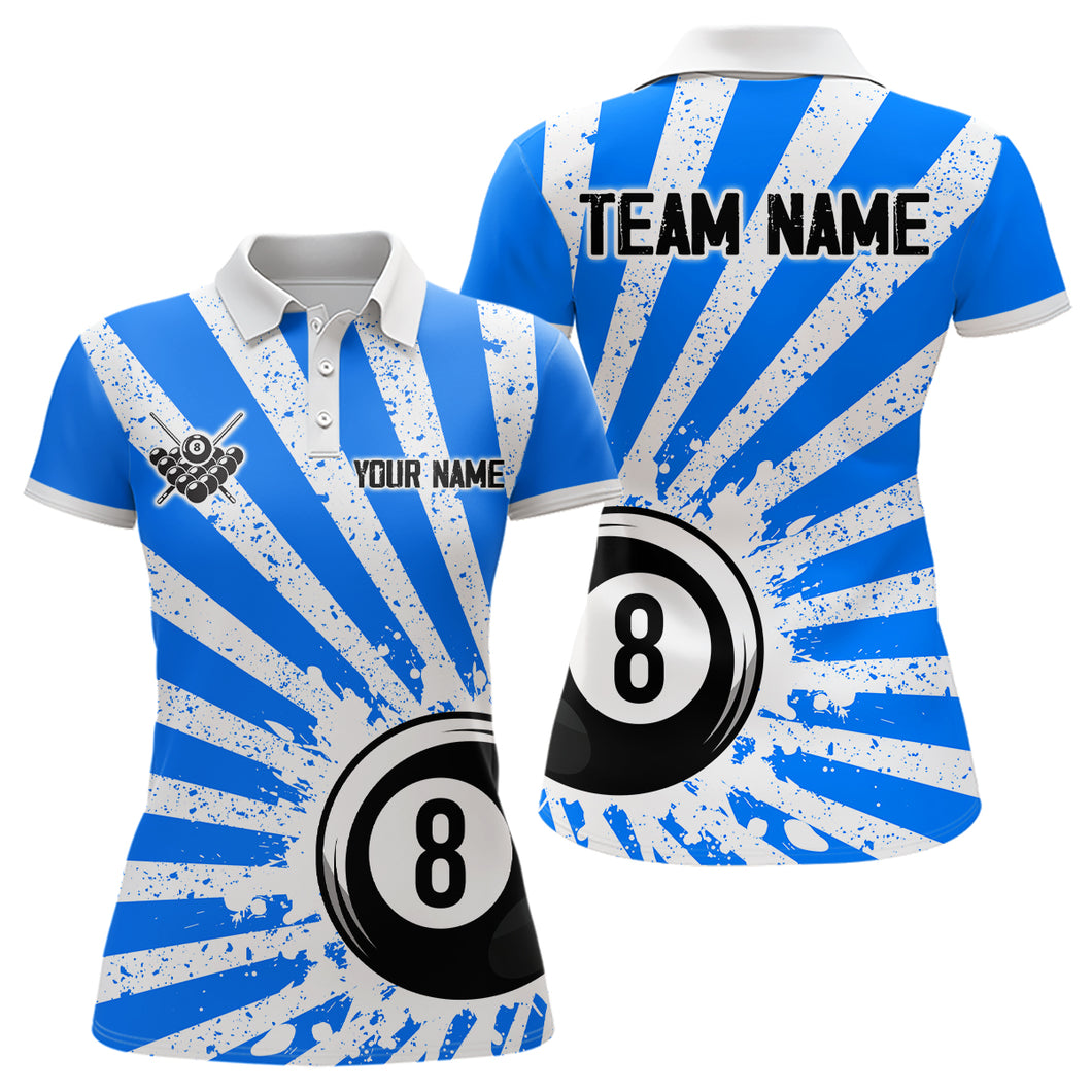 Funny Grunge Billiard 8 Ball Women Polo & Quarter-Zip Shirts Custom Blue 8 Ball Pool Jerseys Attire TDM1694
