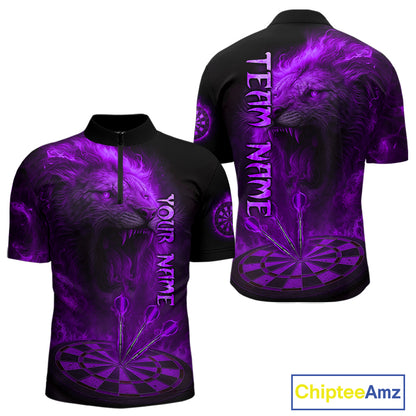 Personalized Fire Flame Lion Darts Shirt For Men Custom Purple Darts League Jersey Polo & 1/4 Zip TDM4679
