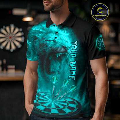 Personalized Turquoise Fire Flame Lion Darts Shirt For Men, Dart League Jersey Polo & 1/4 Zip TDM4680